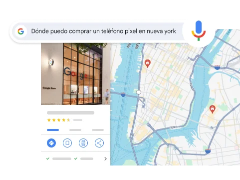 Una búsqueda por voz de “Dónde puedo comprar un teléfono pixel en nueva york” muestra un resultado que indica una tienda de Google en Nueva York.